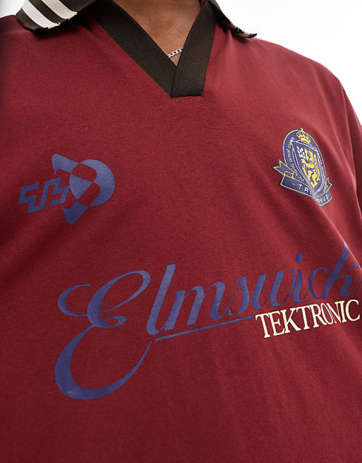 DESIGN Oversized Polo With Tipped Collar And Sports Graphics In Burgundy