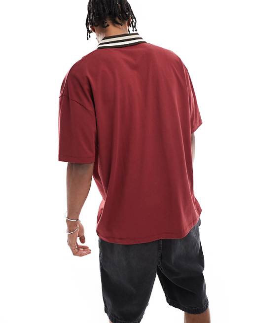 DESIGN Oversized Polo With Tipped Collar And Sports Graphics In Burgundy