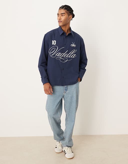 DESIGN Oversized Poplin Shirt With Script Print In Navy