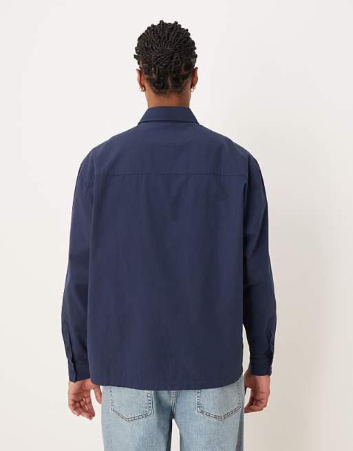 DESIGN Oversized Poplin Shirt With Script Print In Navy