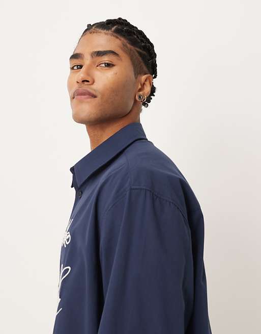 DESIGN Oversized Poplin Shirt With Script Print In Navy