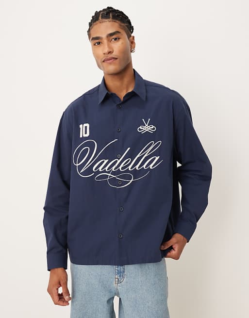 DESIGN oversized poplin shirt with script print in navy