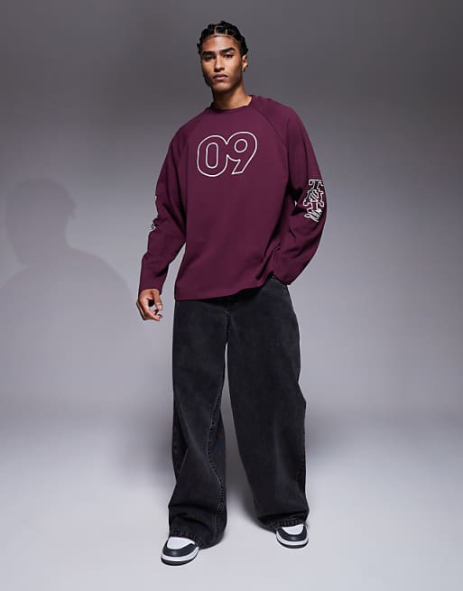 DESIGN Oversized Raglan Long Sleeve T-shirt With Flocked Sports Graphic In Burgundy