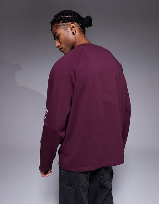 DESIGN Oversized Raglan Long Sleeve T-shirt With Flocked Sports Graphic In Burgundy