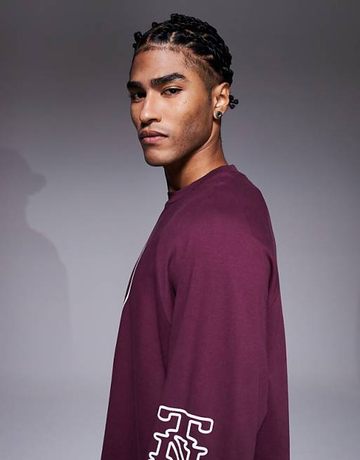 DESIGN Oversized Raglan Long Sleeve T-shirt With Flocked Sports Graphic In Burgundy