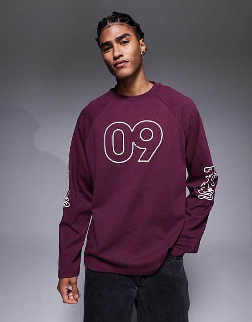 DESIGN oversized raglan long sleeve t-shirt with flocked sports graphic in burgundy