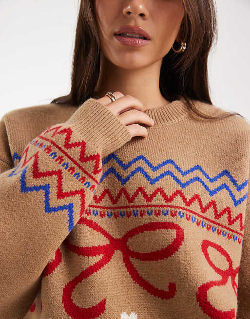 DESIGN Oversized Reindeer Bow Jumper In Camel