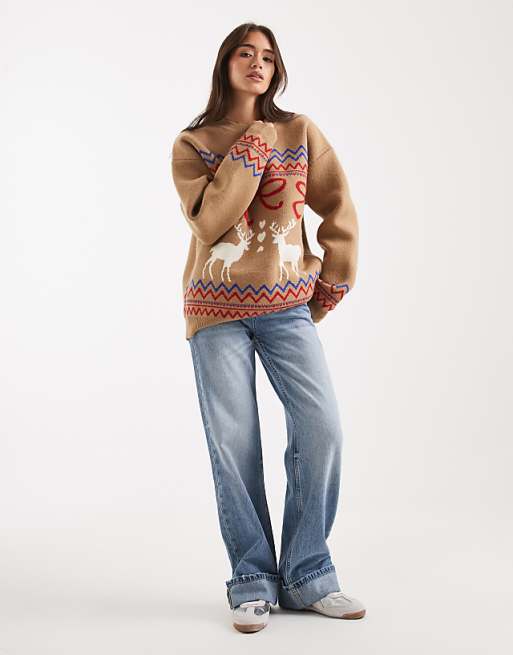 DESIGN Oversized Reindeer Bow Jumper In Camel