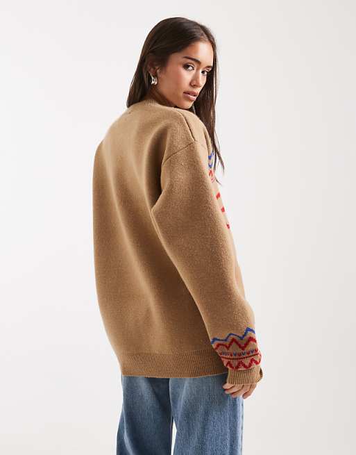 DESIGN Oversized Reindeer Bow Jumper In Camel