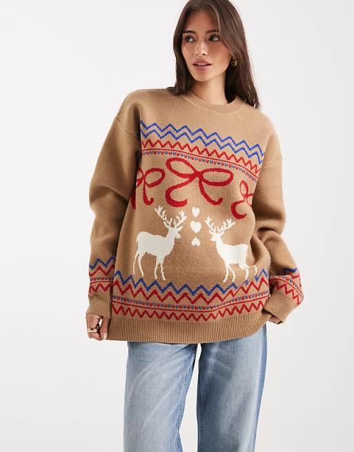 DESIGN oversized reindeer bow jumper in camel