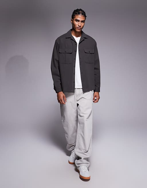 DESIGN Oversized Revere Collar Shirt With Cargo Pocket Detail In Khaki Twill