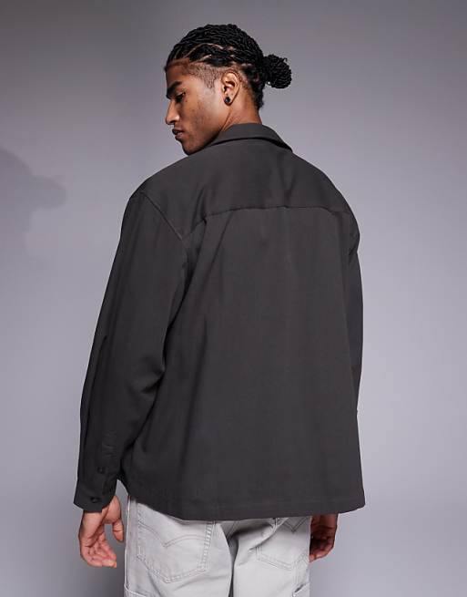 DESIGN Oversized Revere Collar Shirt With Cargo Pocket Detail In Khaki Twill