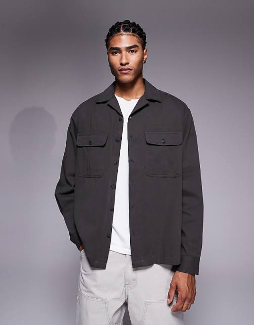DESIGN oversized revere collar shirt with cargo pocket detail in khaki twill