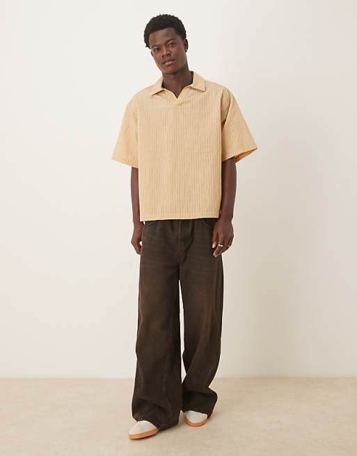 DESIGN Oversized Revere Collar Textured Shirt In Tan