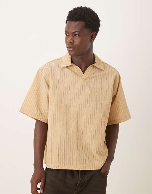 DESIGN oversized revere collar textured shirt in tan