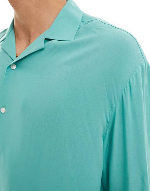 DESIGN Oversized Revere Collar Viscose Shirt In Teal Green