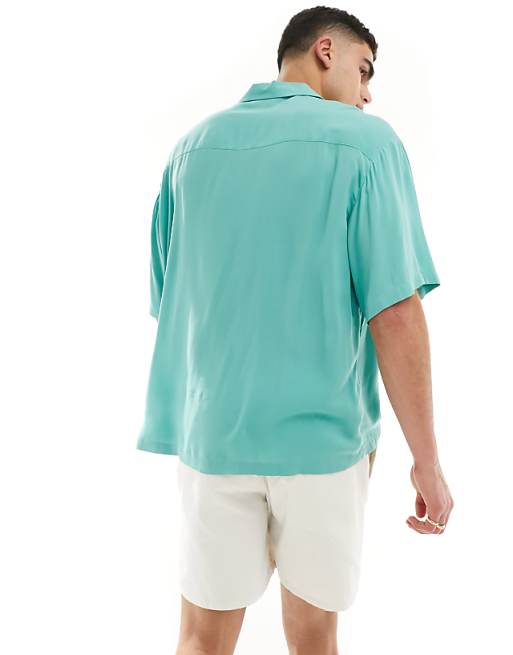DESIGN Oversized Revere Collar Viscose Shirt In Teal Green