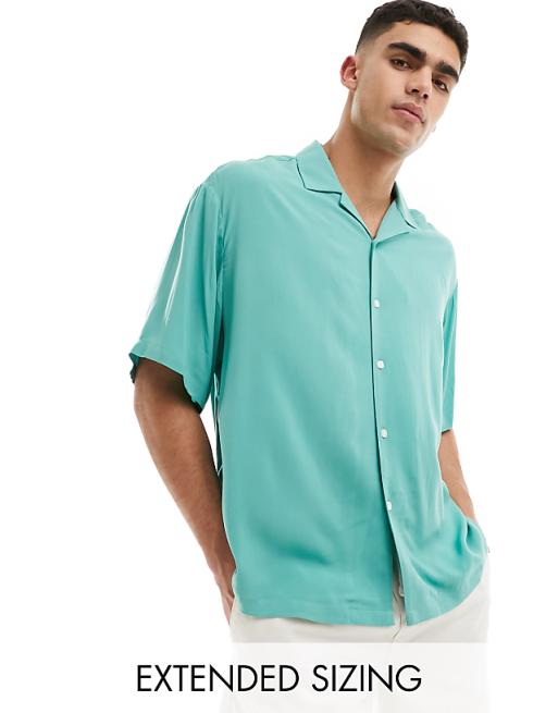 DESIGN oversized revere collar viscose shirt in teal green