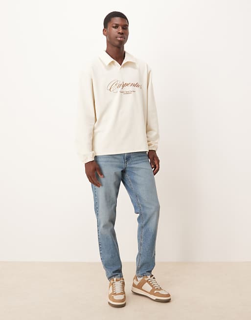 DESIGN Oversized Revere Neck Polo With Embroidery In Ecru