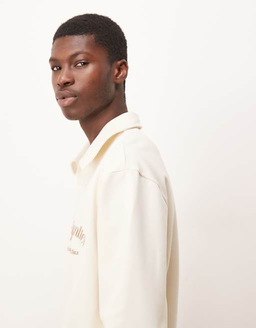 DESIGN Oversized Revere Neck Polo With Embroidery In Ecru