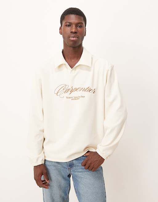 DESIGN Oversized Revere Neck Polo With Embroidery In Ecru