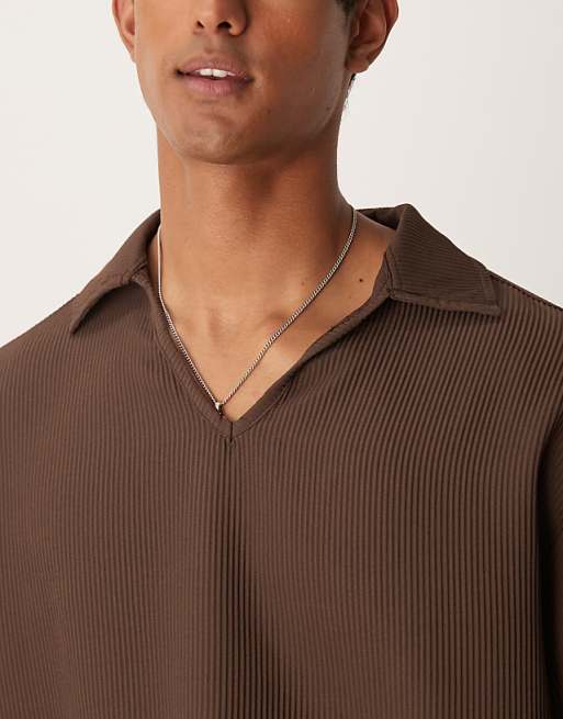 DESIGN Oversized Revere Plisse Polo In Brown