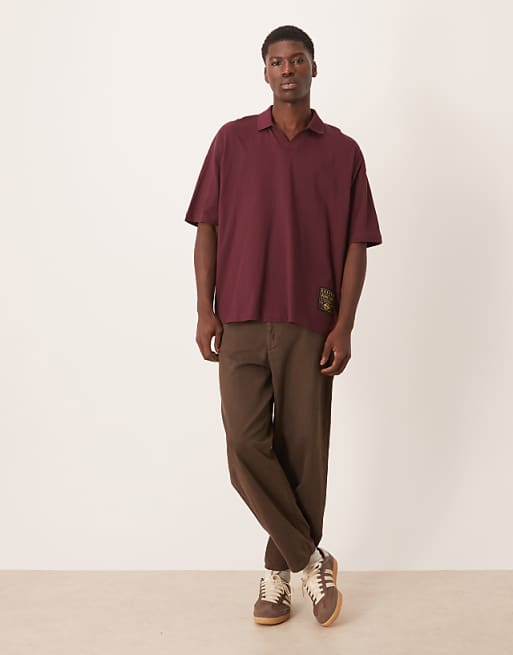DESIGN Oversized Revere Polo With Woven Tab In Brown