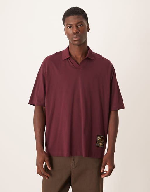 DESIGN oversized revere polo with woven tab in brown