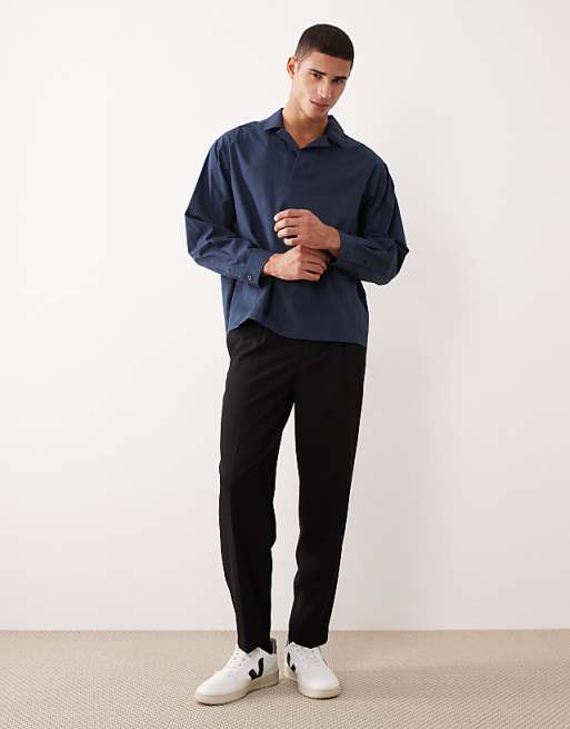 DESIGN Oversized Revere Poplin Shirt In Navy