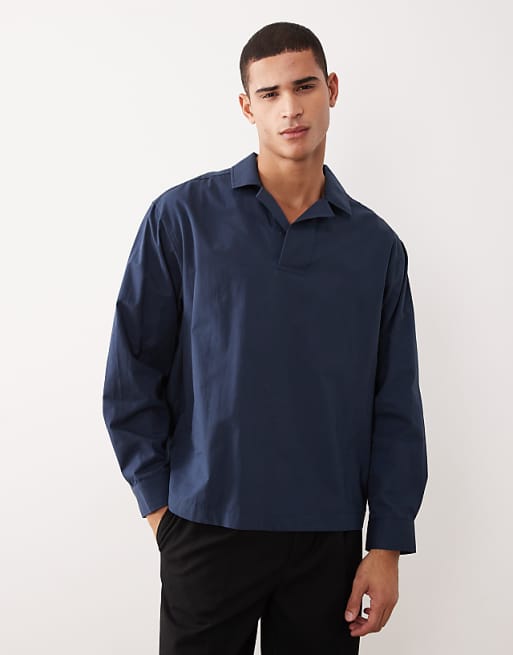 DESIGN oversized revere poplin shirt in navy