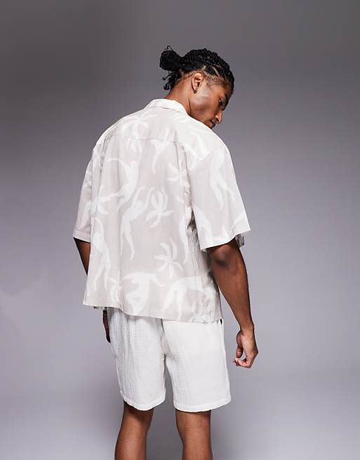 DESIGN Oversized Revere Printed Shirt In Beige