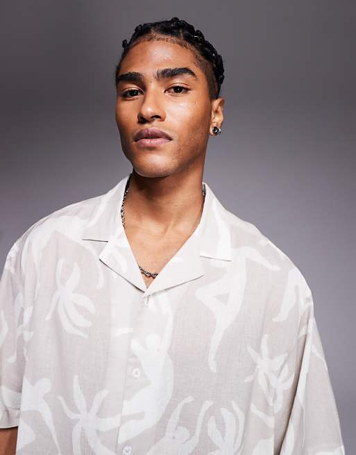 DESIGN Oversized Revere Printed Shirt In Beige