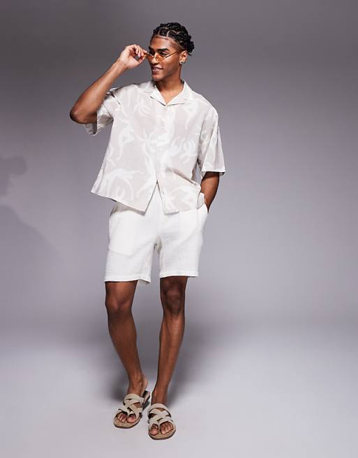 DESIGN Oversized Revere Printed Shirt In Beige