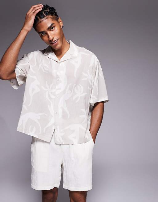 DESIGN oversized revere printed shirt in beige