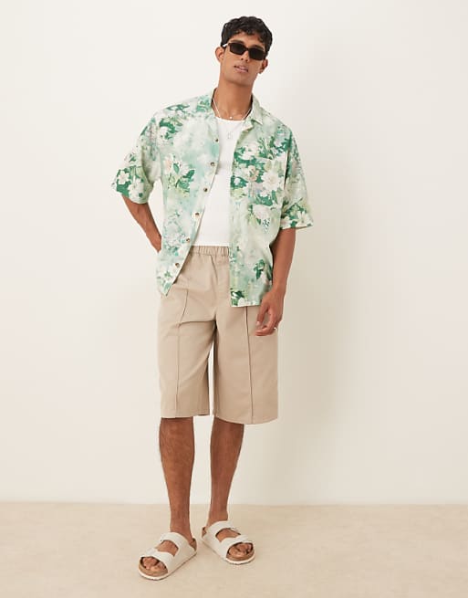 DESIGN Oversized Revere Shirt In Green Floral Print