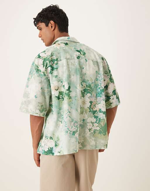 DESIGN Oversized Revere Shirt In Green Floral Print