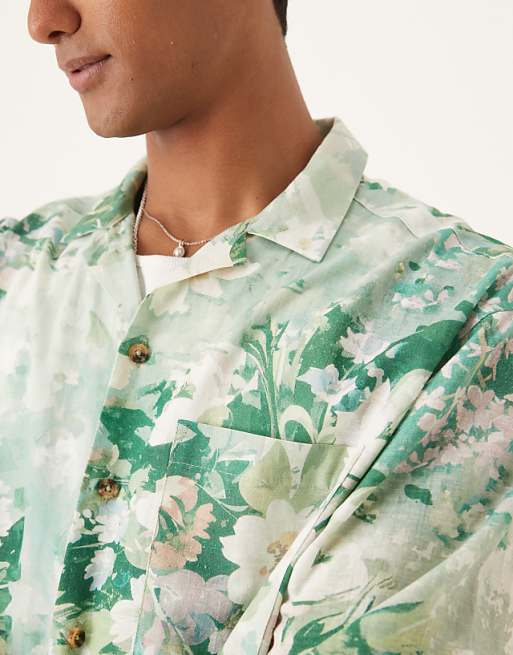 DESIGN Oversized Revere Shirt In Green Floral Print