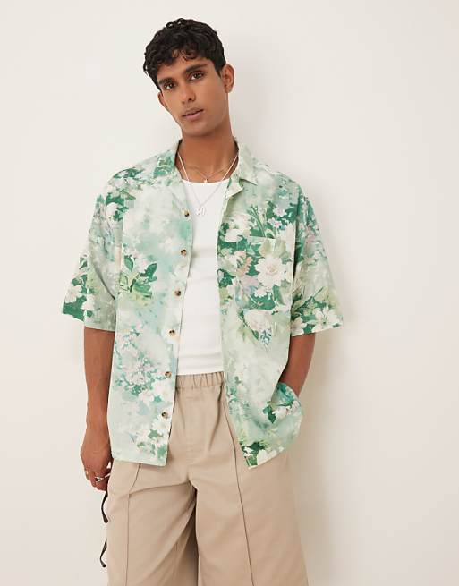 DESIGN oversized revere shirt in green floral print