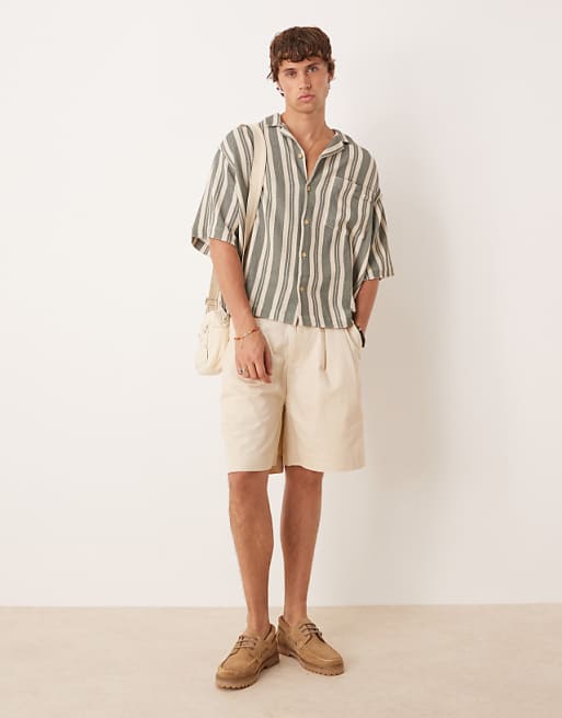 DESIGN Oversized Revere Shirt In Green Stripe