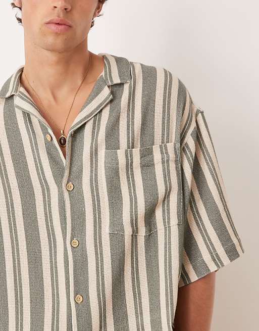 DESIGN Oversized Revere Shirt In Green Stripe