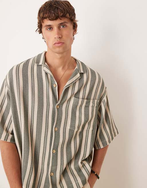 DESIGN oversized revere shirt in green stripe
