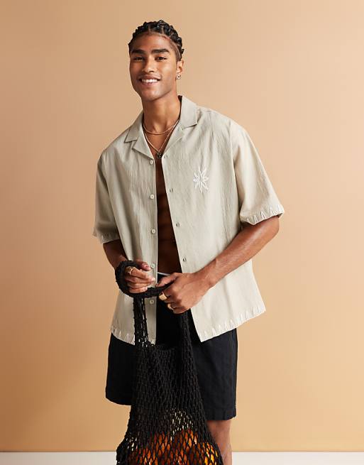 DESIGN oversized revere shirt with chest placement in green