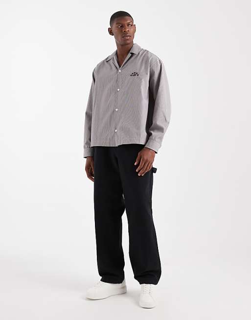 DESIGN Oversized Revere Shirt With Embroidery In Beige Stripe