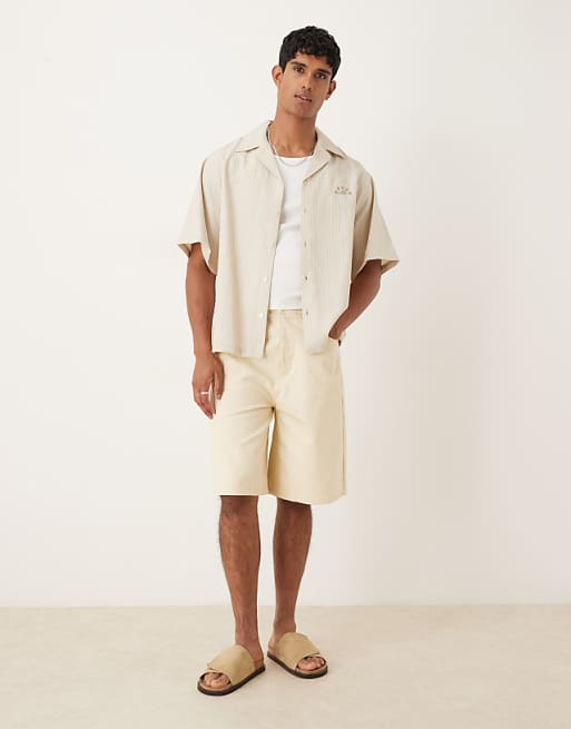 DESIGN Oversized Revere Shirt With Embroidery In Sand And White Stripe