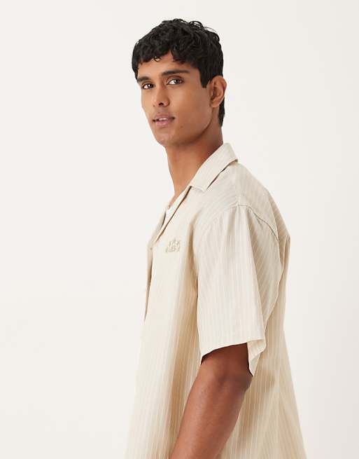 DESIGN Oversized Revere Shirt With Embroidery In Sand And White Stripe