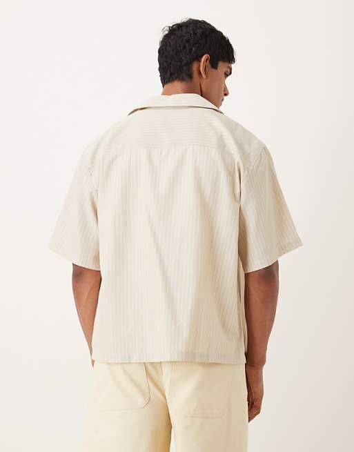 DESIGN Oversized Revere Shirt With Embroidery In Sand And White Stripe