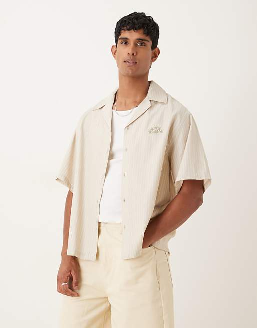 DESIGN oversized revere shirt with embroidery in sand and white stripe
