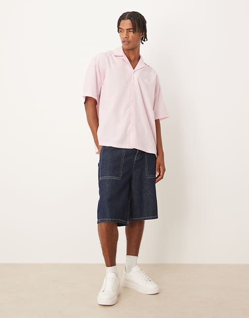 DESIGN Oversized Revere Shirt With Embroidery In Pink And White Stripe