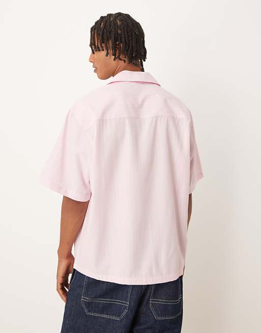 DESIGN Oversized Revere Shirt With Embroidery In Pink And White Stripe