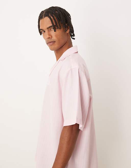 DESIGN Oversized Revere Shirt With Embroidery In Pink And White Stripe
